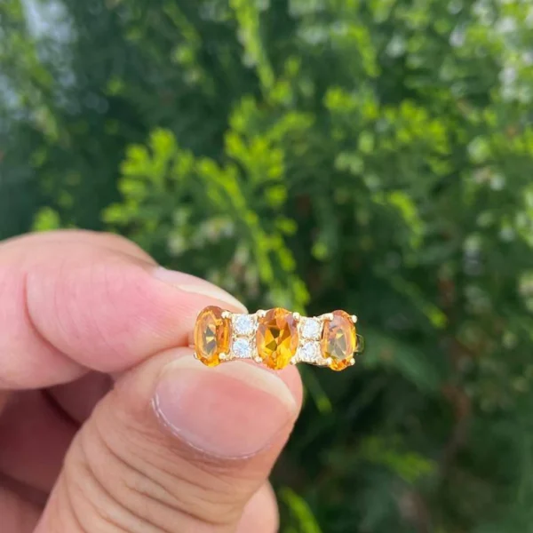 14k Gold Three Citrine Diamond Ring