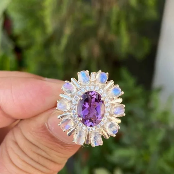925 Silver Amethyst & Moonstone Ring