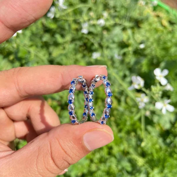 925 Silver Blue Sapphire Hoop Earrings