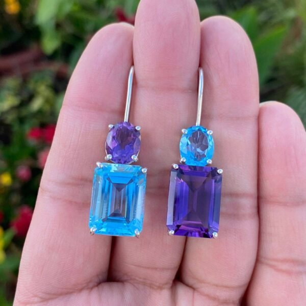 925 Silver Blue Topaz & Amethyst Drop Earrings
