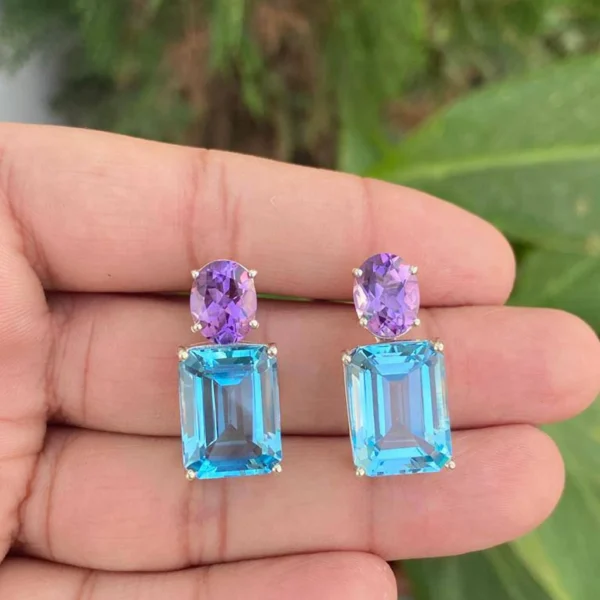 925 Silver Blue Topaz & Amethyst Drop Earrings