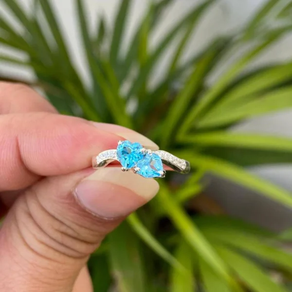 925 Silver Blue Topaz Double Heart Ring