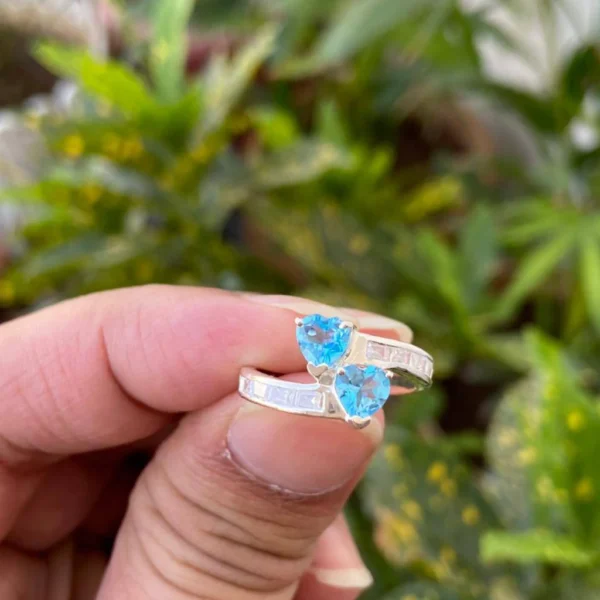 925 Silver Blue Topaz Double Heart Ring