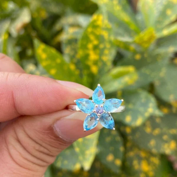 925 Silver Blue Topaz Floral Ring