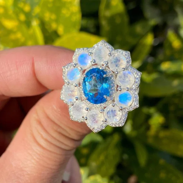 925 Silver Blue Topaz & Moonstone Cocktail Ring