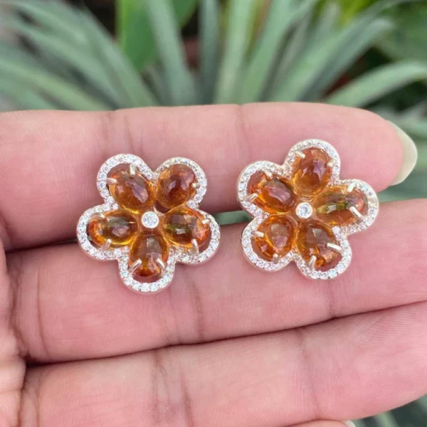 925 Silver Citrine Floral Stud Earrings