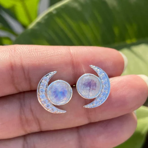 925 Silver Crescent Moonstone Stud Earrings