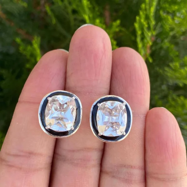 925 Silver Crystal Quartz & Enamel Stud Earrings