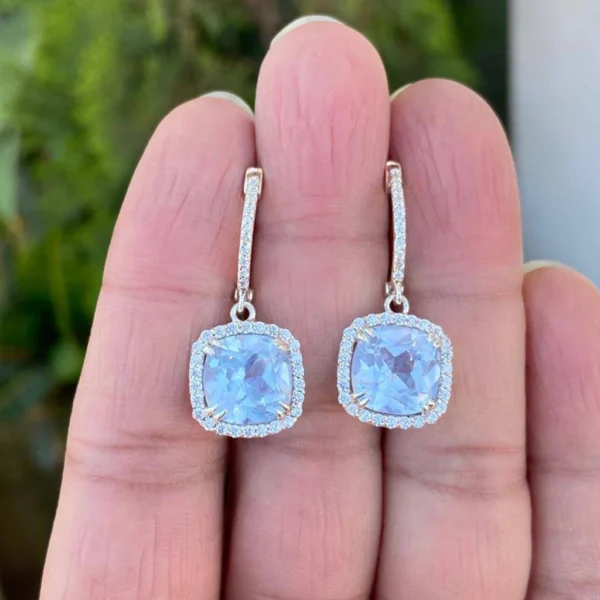 925 Silver Cushion Aquamarine Drop Earrings