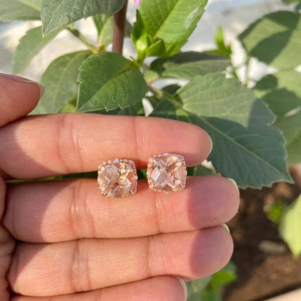 925 Silver Cushion Morganite Stud Earrings