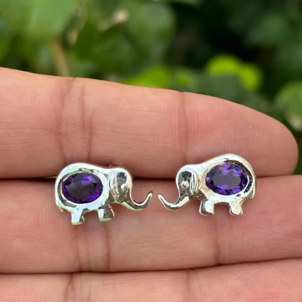 925 Silver Elephant Amethyst Stud Earrings