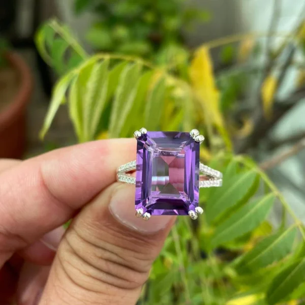 925 Silver Emerald Cut Amethyst Ring