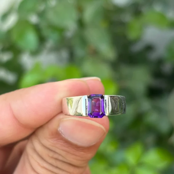 925 Silver Emerald Cut Amethyst Ring