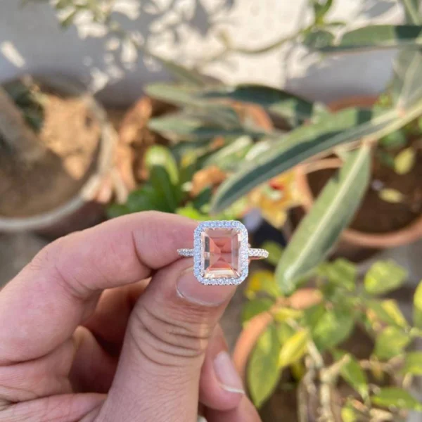 925 Silver Emerald Cut Morganite Ring