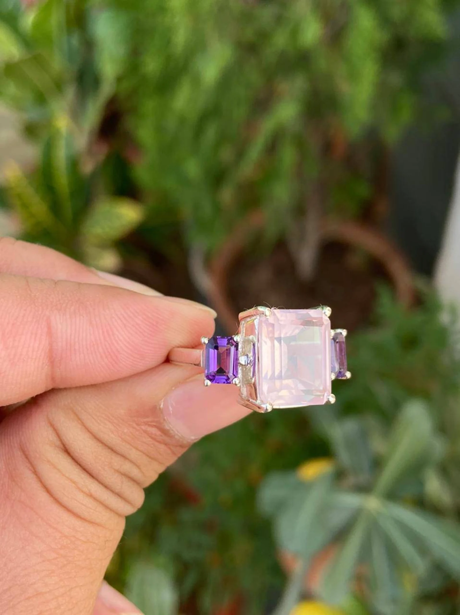 925 Silver Emerald Cut Rose Quartz & Amethyst Ring 3