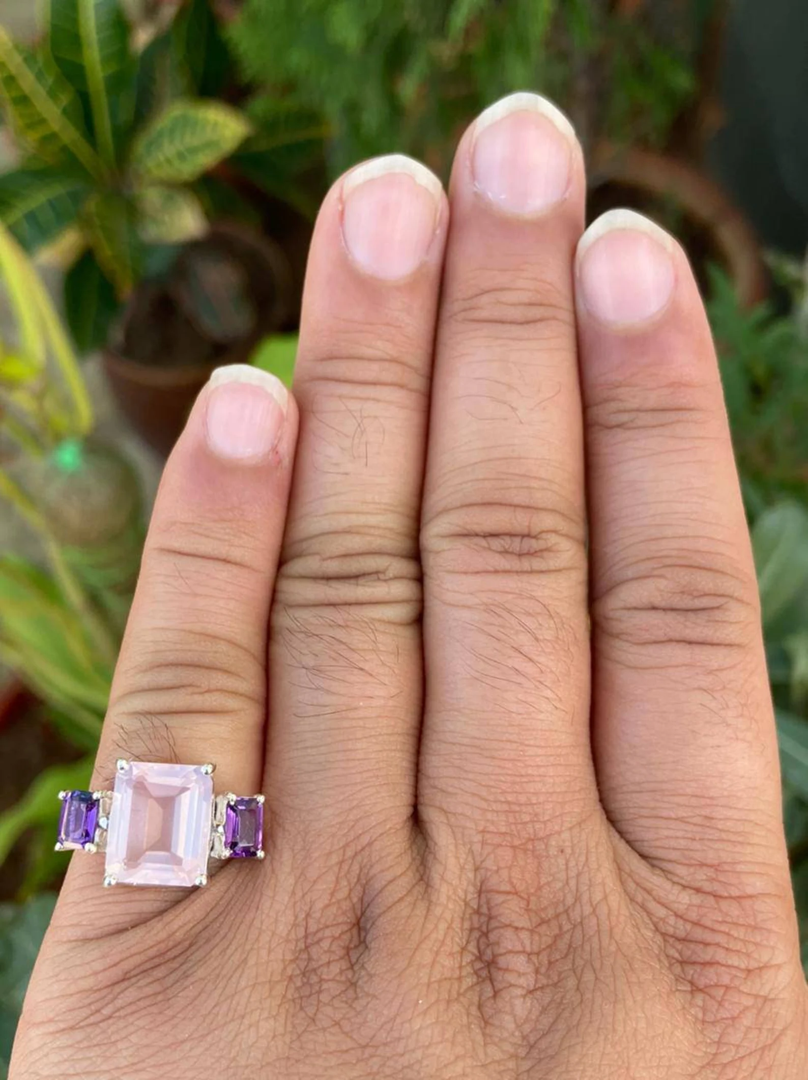 925 Silver Emerald Cut Rose Quartz & Amethyst Ring 4