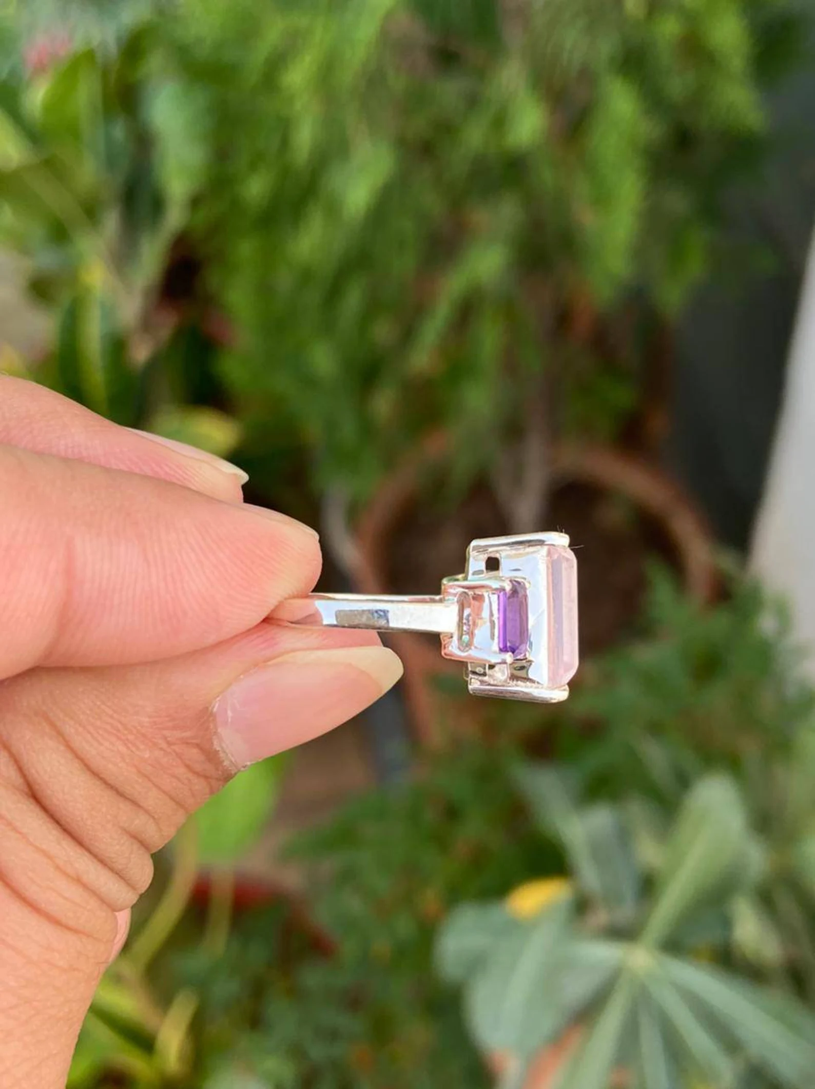 925 Silver Emerald Cut Rose Quartz & Amethyst Ring 5