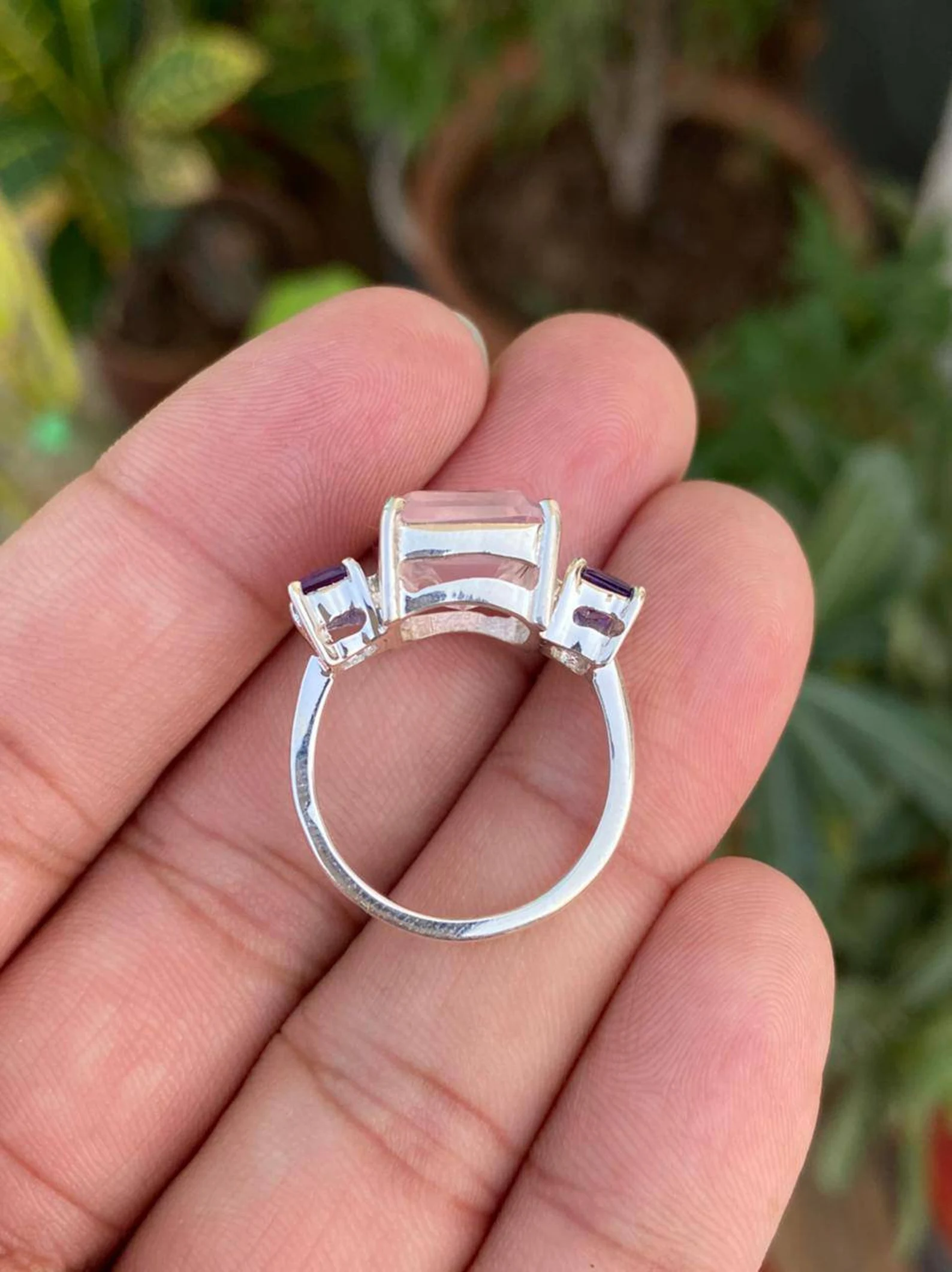 925 Silver Emerald Cut Rose Quartz & Amethyst Ring 6