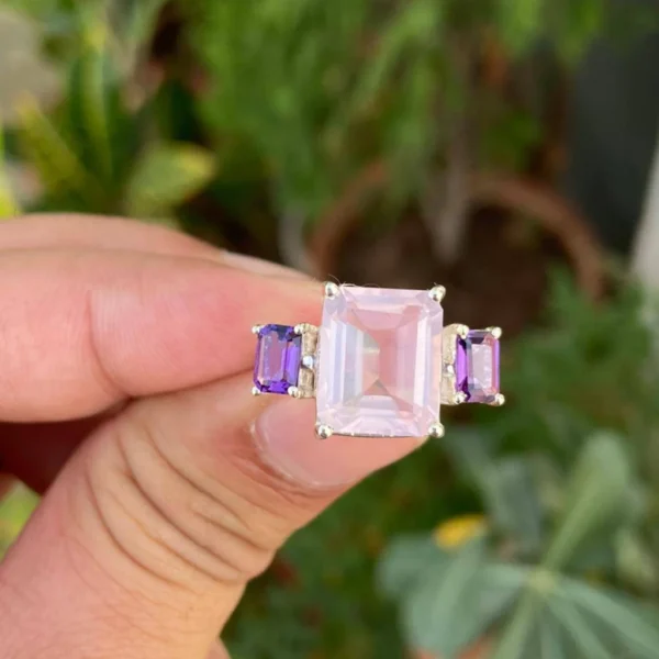 925 Silver Emerald Cut Rose Quartz & Amethyst Ring
