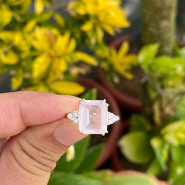 925 Silver Emerald Cut Rose Quartz Ring