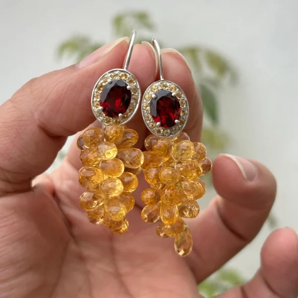 925 Silver Garnet & Citrine Beaded Dangle Earrings