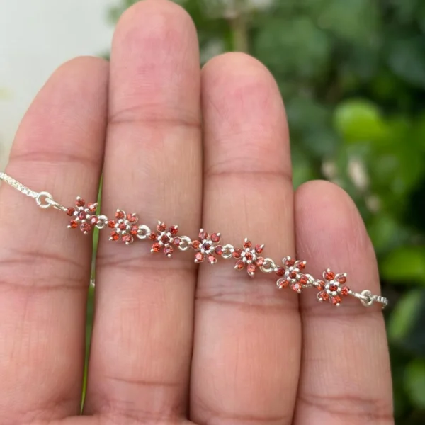 925 Silver Garnet Floral Chain Bracelet