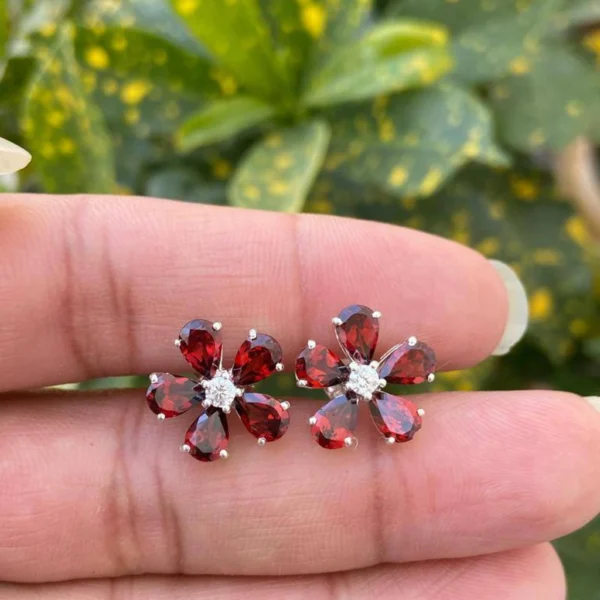 925 Silver Garnet Floral Stud Earrings