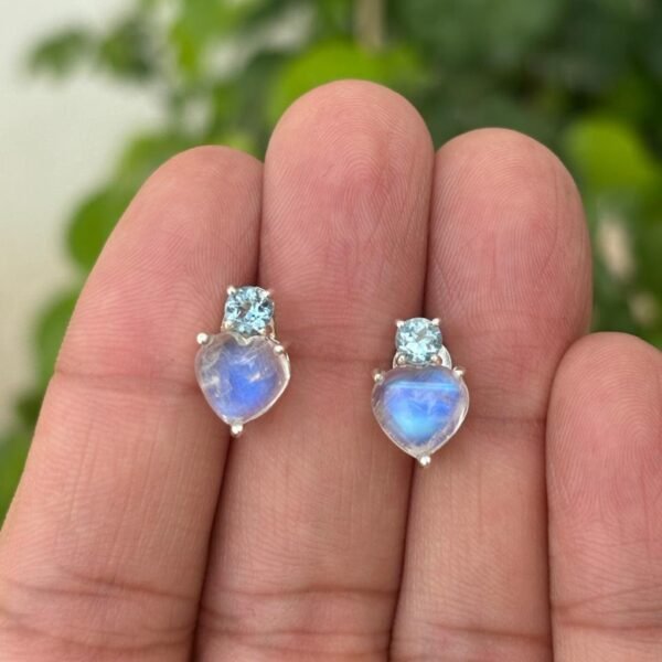 925 Silver Moonstone & Aquamarine Heart Stud Earrings