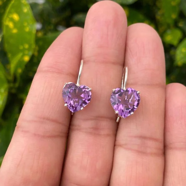 925 Silver Natural Amethyst Heart Cut Earrings