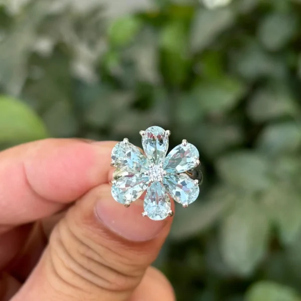 925 Silver Natural Aquamarine Floral Ring