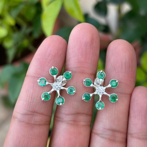925 Silver Natural Emerald Floral Stud Earrings