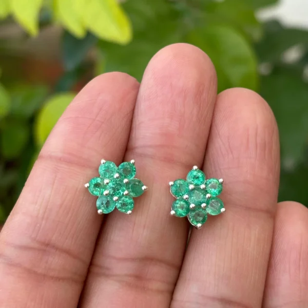 925 Silver Natural Emerald Floral Stud Earrings