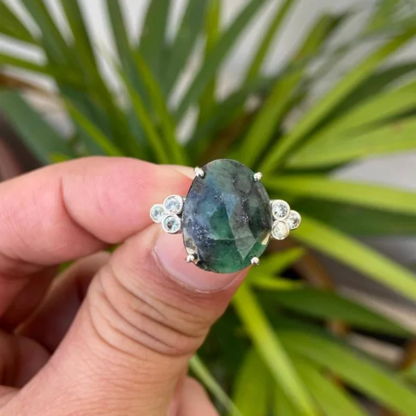 925 Silver Natural Emerald & Sapphire Ring
