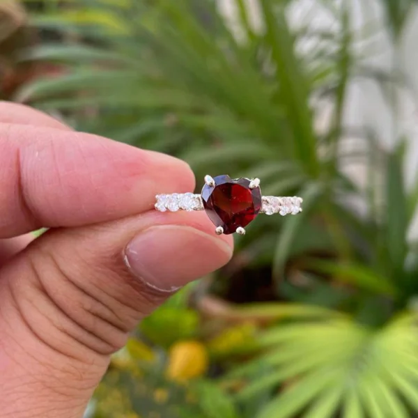 925 Silver Natural Garnet Heart Ring