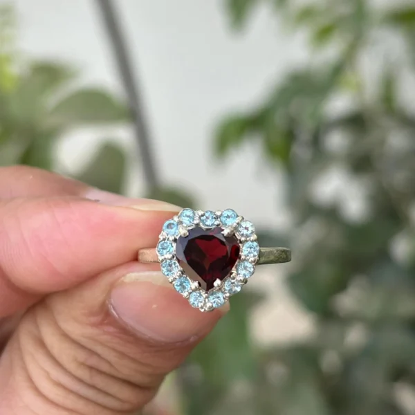 925 Silver Natural Garnet Heart Ring