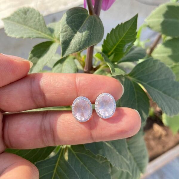 925 Silver Natural Oval Rose Quartz Stud Earrings
