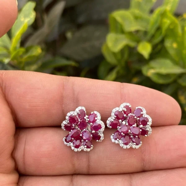 925 Silver Natural Ruby Floral Stud Earrings