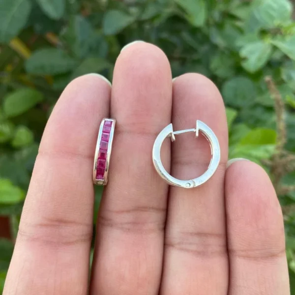 925 Silver Natural Ruby Huggies Earrings