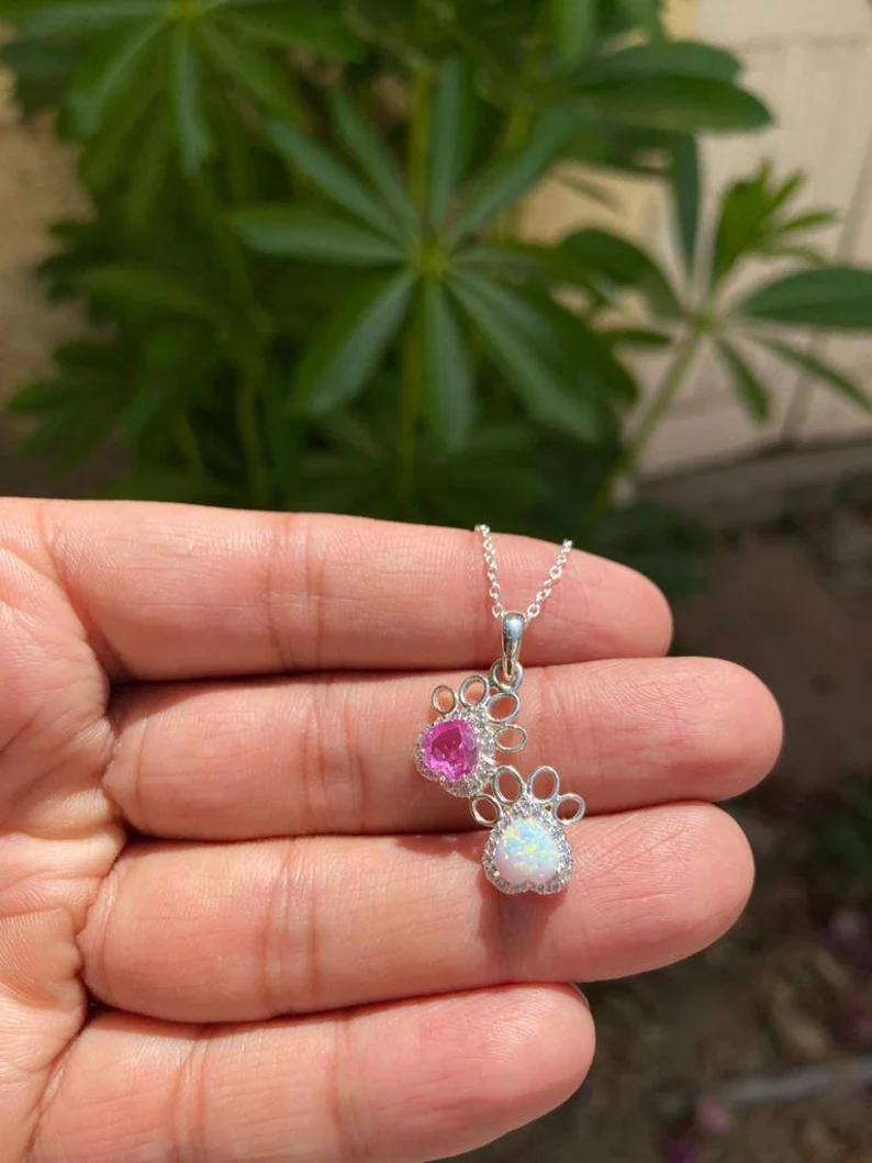 925 Silver Opal & Pink Sapphire Paw Necklace 3