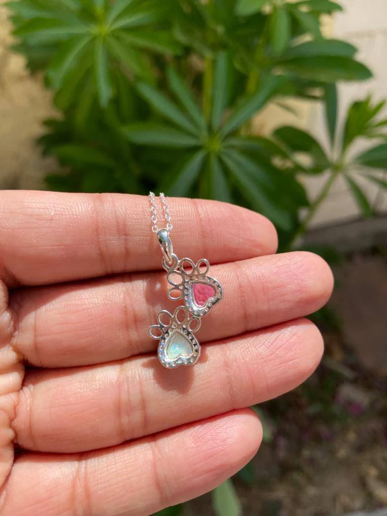925 Silver Opal & Pink Sapphire Paw Necklace 4