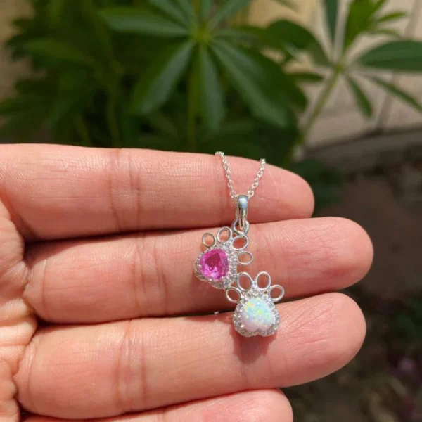 925 Silver Opal & Pink Sapphire Paw Necklace