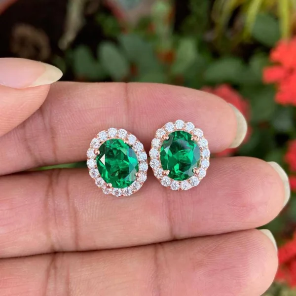 925 Silver Oval Emerald Stud Earrings