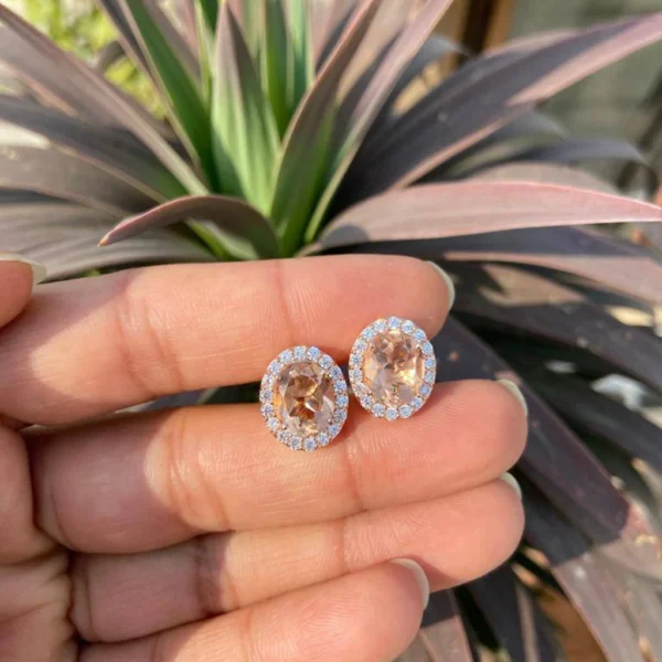 925 Silver Oval Peach Morganite Stud Earrings