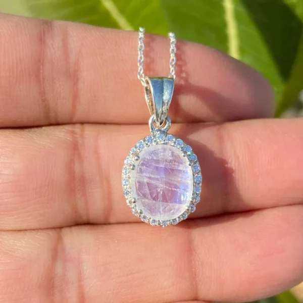 925 Silver Oval Rainbow Moonstone Necklace