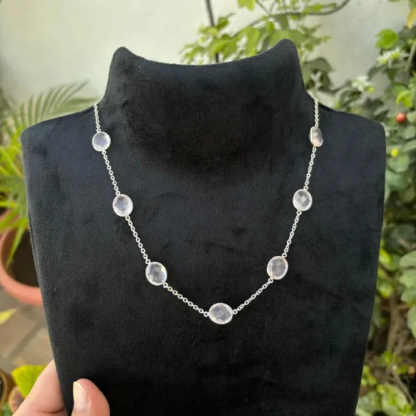 925 Silver Oval Rose Quartz Bezel Connector Chain