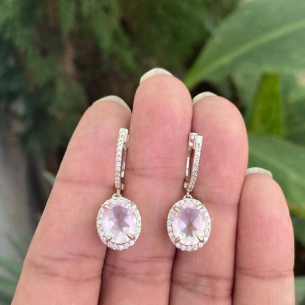 925 Silver Oval Rose Quartz Drop Earrings