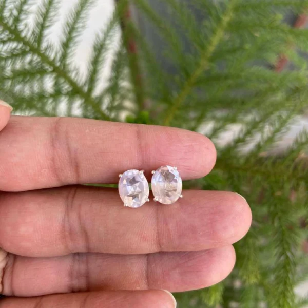 925 Silver Oval Rose Quartz Stud Earrings