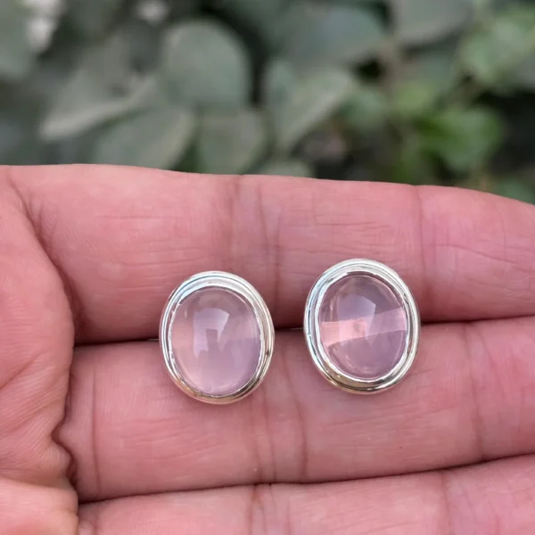 925 Silver Oval Rose Quartz Stud Earrings