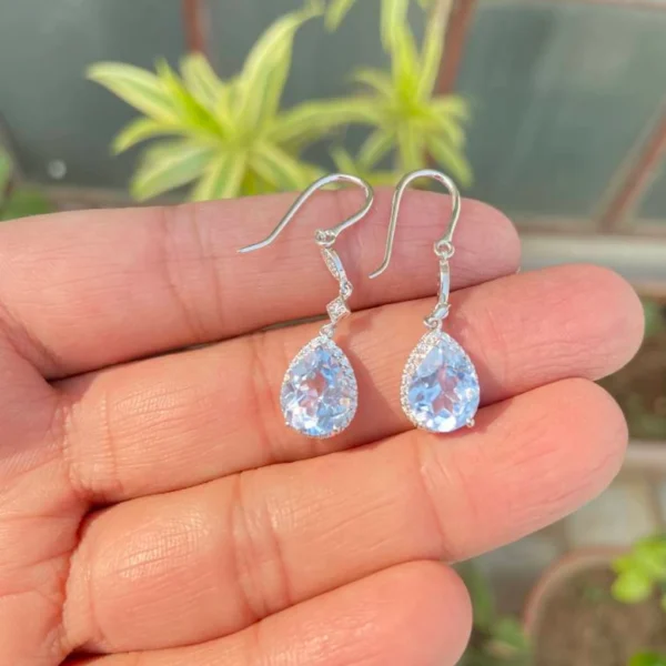 925 Silver Pear Aquamarine Dangle Earrings