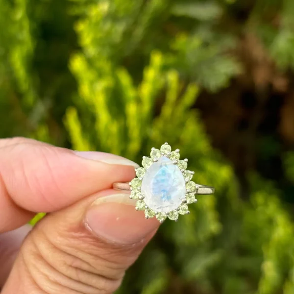 925 Silver Pear Moonstone & Peridot Ring